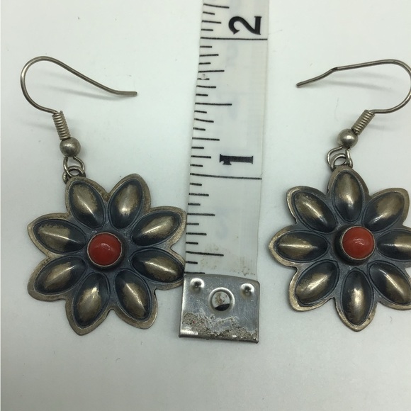 Vintage RJ Sterling Zuni Navajo Flower Red Coral Turquoise Dangle Earrings - Picture 5 of 7